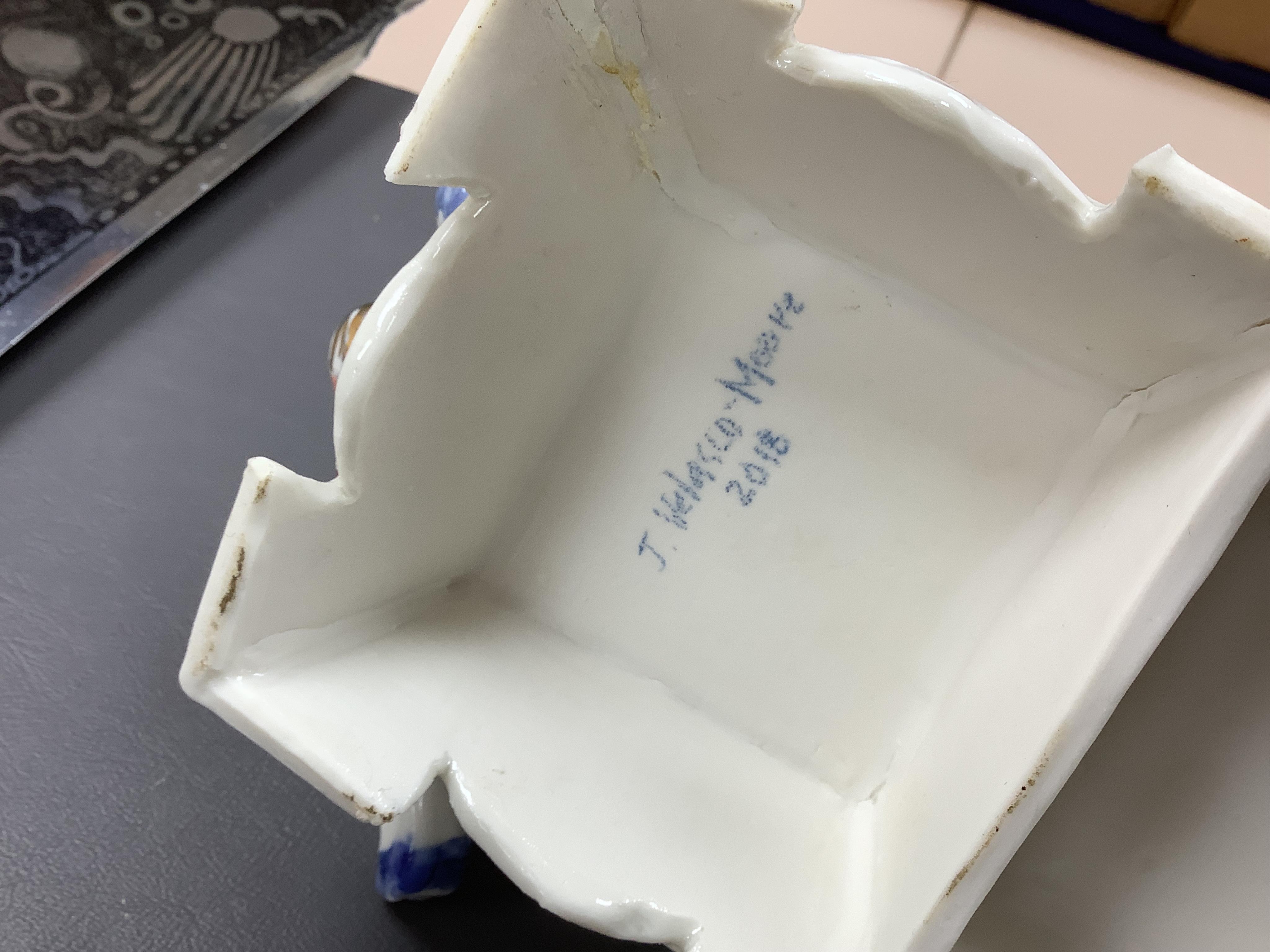 Jazmin Velasco Moore (1971-2021), ‘The Death of Munrow’, ceramic sculpture, signed and dated 2018, 23cm wide